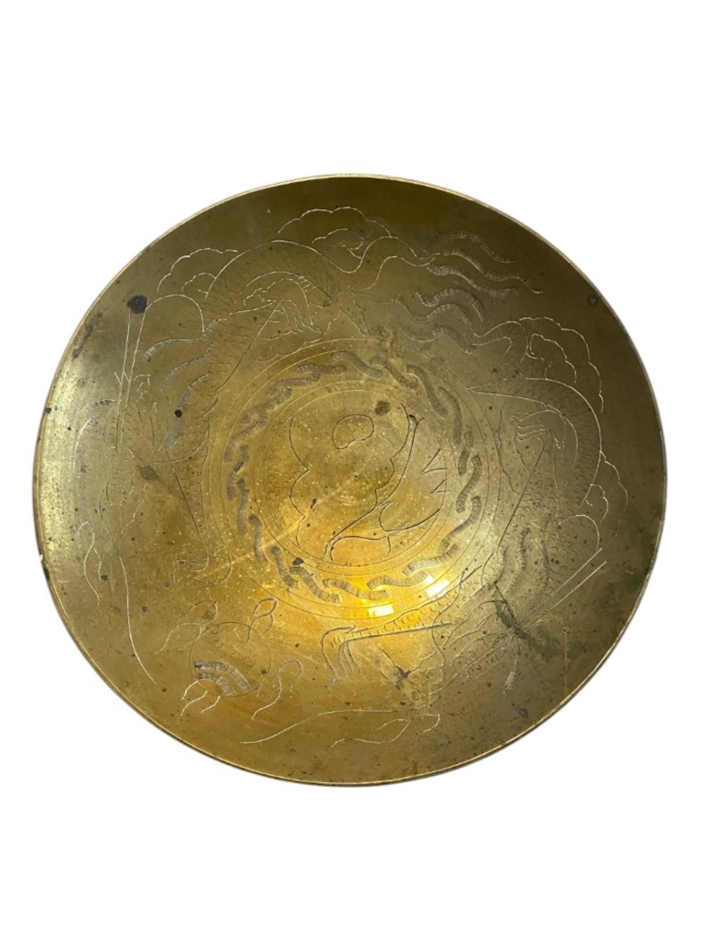 Vintage Chinese etched brass dragon bowl